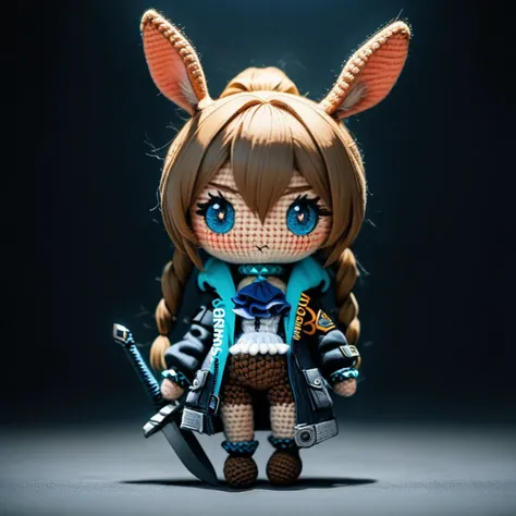 amigurumi-style, amigurumi, full_body,(masterpiece),(best quality),1girl, animal ears, amiya (arknights), solo, blue eyes, rabbit ears, long hair, holding, looking at viewer, blood, weapon, blue ascot, holding weapon, brown hair, ascot, hair between eyes, sword, holding sword, jacket, blood on face, closed mouth, open clothes, sidelocks, open jacket, jewelry, shirt, neck ring, white shirt, black jacket, ponytail, glowing,