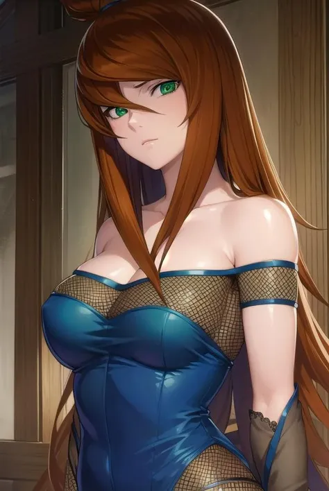 meiterumi, <lora:meiterumi-lora-nochekaiser:1>, 
mei terumi, long hair, brown hair, (green eyes:1.5), topknot, hair covering one eye,
BREAK dress, bare shoulders, blue dress, sandals, fishnets,
BREAK cowboy shot, looking at viewer, 
BREAK indoors,
BREAK <lyco:GoodHands-beta2:1>, (masterpiece:1.2), best quality, high resolution, unity 8k wallpaper, (illustration:0.8), (beautiful detailed eyes:1.6), extremely detailed face, perfect lighting, extremely detailed CG, (perfect hands, perfect anatomy),