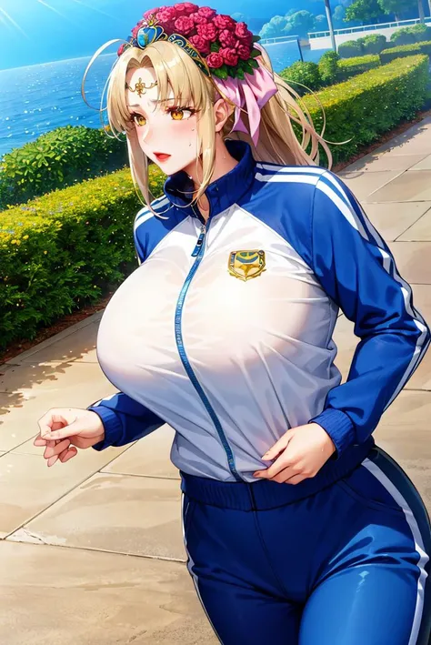 (masterpiece, best quality, beautiful detailed eyes, intricate details), 4k
1girl, solo, garden, ocean, outdoors, cowboy shot,
<lora:spaphrodite-nvwls-v1:1> spAphrodite, tiara, circlet, hair flower, lipstick, huge breasts, mature woman
track pants, track jacket, running, (sweat:1.2), shiny skin, oily skin