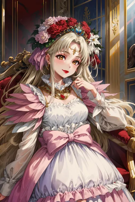 masterpiece,best quality,((SFW)),mature female,1girl,spAphrodite,tiara,circlet,hair flower,dress,lipstick,queen,smile,palace interior,<lora:spaphrodite-nvwls-v1:0.9>,