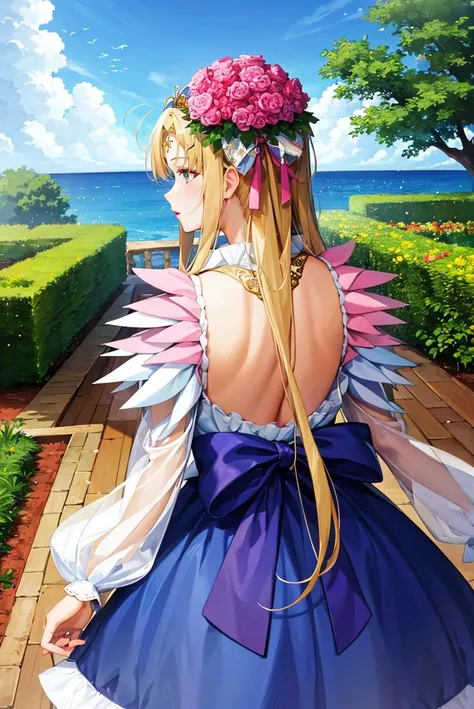 (masterpiece, best quality, beautiful detailed eyes, intricate details), 4k
1girl, solo, garden, ocean, outdoors, cowboy shot, from behind
<lora:spaphrodite-nvwls-v1:1> spAphrodite, tiara, circlet, hair flower, dress, lipstick, huge breasts, mature woman