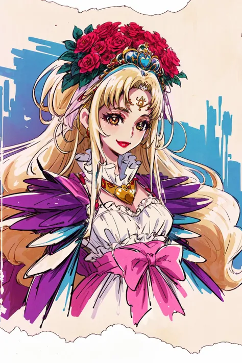 masterpiece,best quality,((SFW)),mature female,1girl,spAphrodite,tiara,circlet,hair flower,dress,lipstick,queen,smile,upper body,<lora:spaphrodite-nvwls-v1:0.9>,<lora:KamikitaV2:0.8>,