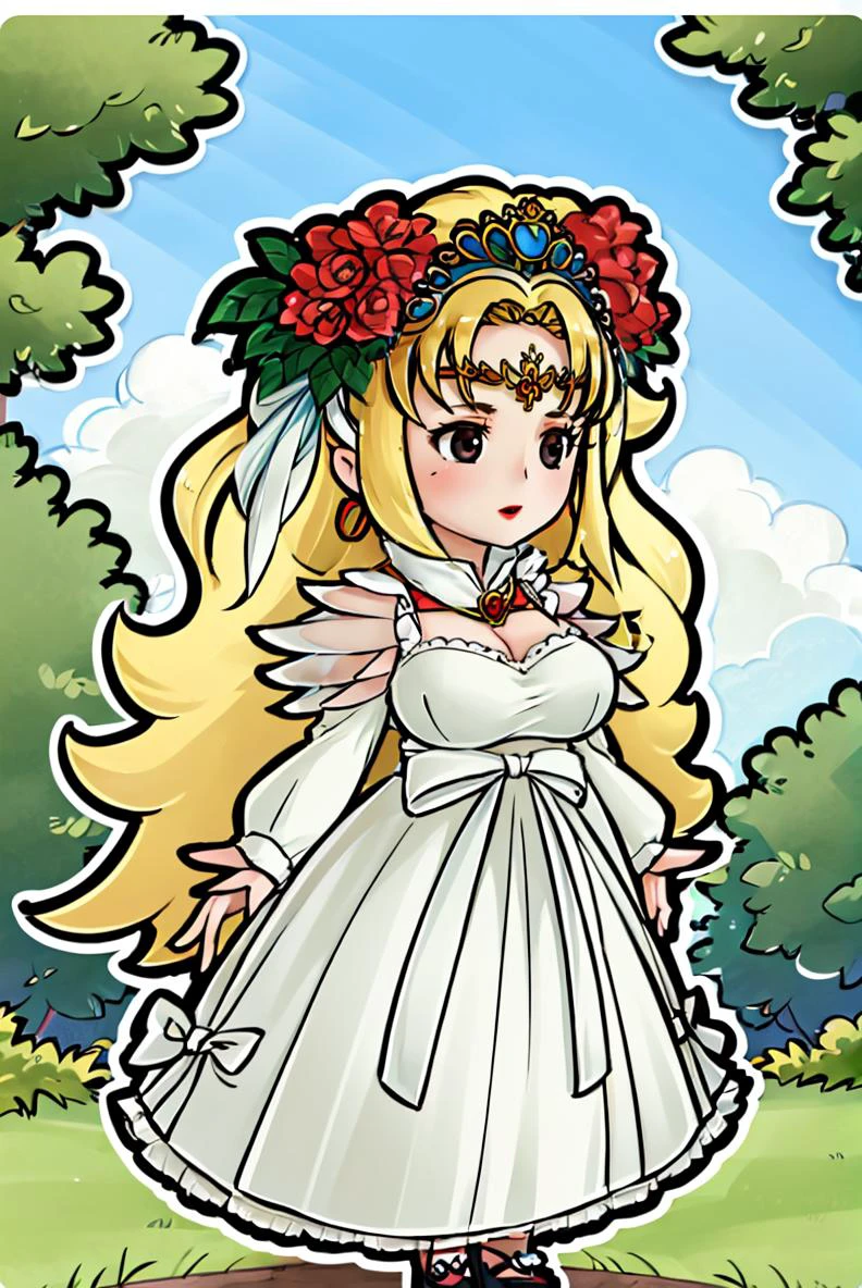 (masterpiece, best quality, beautiful detailed eyes, intricate details), 4k
1girl, solo, outdoors, full body
<lora:spaphrodite-nvwls-v1:1> spAphrodite, tiara, circlet, hair flower, dress, lipstick, huge breasts, mature woman
<lora:PaperMario:0.7> chibi, black eyes