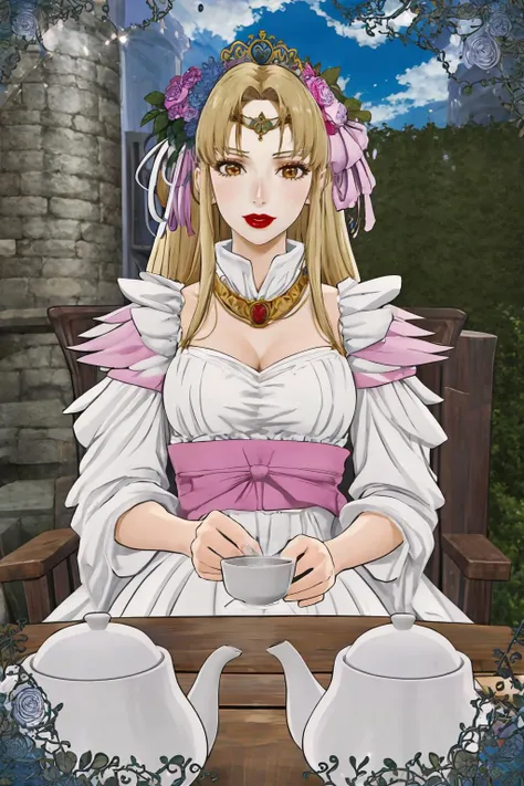masterpiece, best quality, 1girl, solo, <lora:spaphrodite-nvwls-v1:0.8> spAphrodite, tiara, circlet, hair flower, dress, lipstick <lora:Teatime-concept_Fp:0.8> cup, table, food, teapot, outdoors, sitting, chair