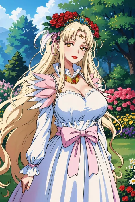 ((anime artstyle)),(Masterpiece),(Best Quality), (Super Detail),((Very Delicate and Beautiful)),(((Solo))),((full body)),(((1 princess in extremely gorgeous lolita dress with voluminous full length hoop skirt))),((standing in garden)),Long train,(bling-bling gorgeous gemstone jewelry),detailed face and eyes,jewel-like eyes,cry,((large amount of straight hair,extremely voluminous Very Long Straight Hair)),((gigantic tits,Long tits)),cleavage,(gorgeousfull embroidery and lace),gorgeous corsage,See-through,((extremely gorgeousfull lolita hair ornament)),bling-bling extremely gorgeousfull jeweled tiara,ornate ruffles,beautiful embroidery,(hoop skirt,crinoline),flowers, flower petals flowing,((Dynamic Angle)),Looking at viewer,((full body))