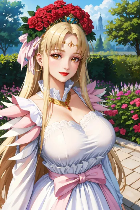 (masterpiece, best quality:1.2), looking at viewer, upper body, latex, parted lips, purple eyeliner, 1girl, solo, paphrodite, tiara, circlet, hair flower, lipstick, huge breasts, dress, looking at viewer, garden, spring, flowers, trees, smile, happy, leaning forward, lips, naughty face, blush, cleavage, sagging breast, large breast, wide hips, thick thighs