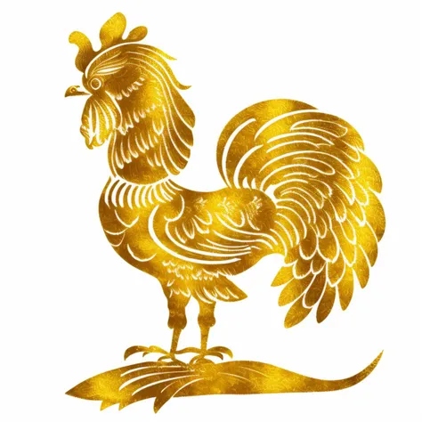 a papercutcd rooster, gold theme, (solo:1.2), <lora:papercutcd-000009:1.0>, no humans, high quality, masterpiece, realistic, photorealistic, (white background:1.3)