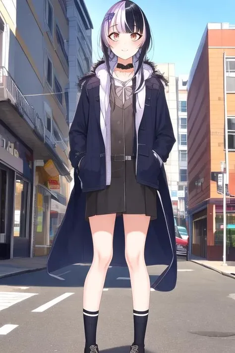 <lora:Shiori Novella:1> shiori novella, fur trimmed coat, city, standing in street
