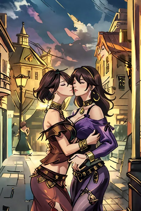 Two women kissing, (eyes closed):5, standing, city streets,("Primrose Azelhart, green eyes, hairband, large breasts, long hair, smiling, makeup, ((dangling earrings)), purple dress, heels"), ("Throné, short hair, large breasts, smiling, makeup, ((dangling earrings)), necklace, off-shoulder shirt, pelvic curtain, bracelet, sandals,"), clear blue sky <lora:primrose-nvwls-v1:0> <lora:Throné:0> <lora:Tressa:0>