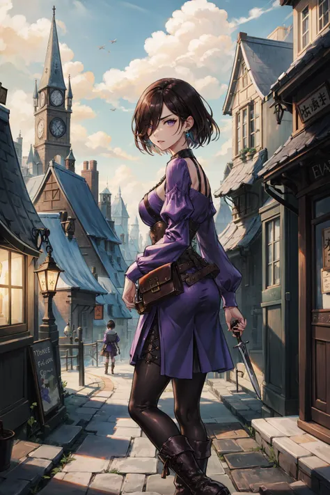 <lora:add_detail:0.3>, <lora:Thron:0.7>, Thron, 1girl, solo, masterpiece, best quality, (grin, looking back:0.5), (brunette, hair over one eye, short hair, fluffy hair:1.2), (holding knife, weapons under the skirt:0.8),
purple dress, v-shaped eyebrows, earrings, Iron collars for prisoners, leather boots,
bandits, robber, cities and towns, Middle Ages, messy corner,
(steam engine, steamer, steam train:0.6),