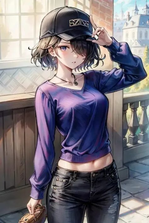 <lora:Thron-10:0.7>, Thron, 1girl, purple t-shirt, pants, baseball cap, hair over one eye, masterpiece, best quality,