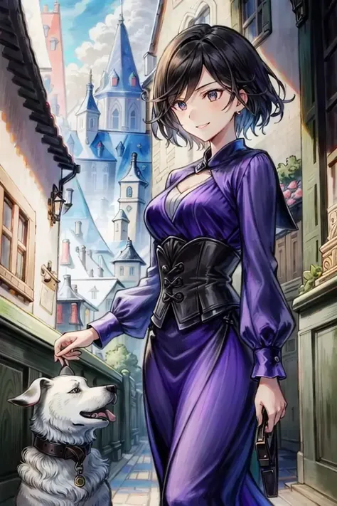 <lora:Thron-10:0.7>, Thron, 1girl, dog, purple dress, smile, looking down, looking away, masterpiece, best quality,