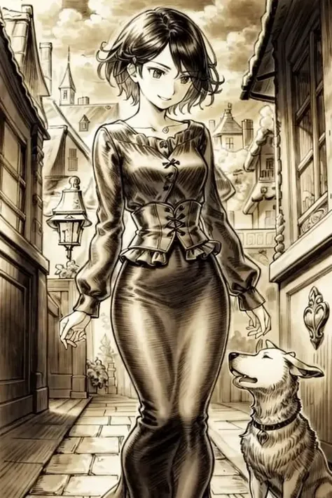 <lora:Thron-10:0.7>, Thron, 1girl, dog, dress, smile, looking down, looking away, (sepia), (monochrome), masterpiece, best quality,