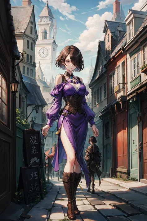 <lora:add_detail:0.3>, <lora:Thron:0.7>, Thron, 1girl, solo, masterpiece, best quality, (grin, looking back:0.5), (brunette, hair over one eye, short hair, fluffy hair:1.2), (holding knife, weapons under the skirt:0.8),
purple dress, v-shaped eyebrows, earrings, Iron collars for prisoners, leather boots,
bandits, robber, cities and towns, Middle Ages, messy corner,
(steam engine, steamer, steam train:0.6),