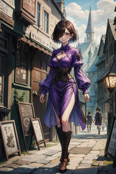 <lora:add_detail:0.3>, <lora:Thron:0.7>, Thron, 1girl, solo, masterpiece, best quality, (grin, looking back:0.5), (brunette, hair over one eye, short hair, fluffy hair:1.2), (holding knife, weapons under the skirt:0.8),
purple dress, v-shaped eyebrows, earrings, Iron collars for prisoners, leather boots,
bandits, robber, cities and towns, Middle Ages, messy corner,
(steam engine, steamer, steam train:0.6),