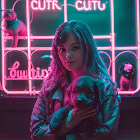 DSLR photo, a woman standing in front of a pink neon sign, (holding a puppy:1.3), <lora:NeonNoir-000002:0.65>, (plants in background:0.8), (volumetric lighting:1.3), NeonNoir, hard shadow, masterpiece, best quality, Intricate, High Detail, 8k, modelshoot style, film grain, <lora:theovercomer8sContrastFix_sd15:0.3>