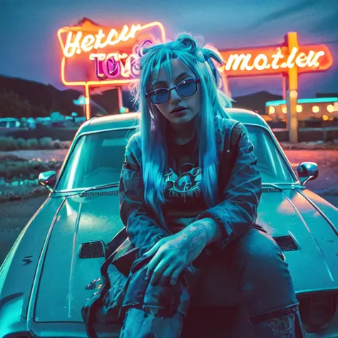 DSLR photo, woman with blue hair wearing sunglasses sitting on the hood of an old car, neon motel sign, (at night:1.3), (eyes:1.2), <lora:NeonNoir-000002:0.65>, NeonNoir, (backlit:1.1), hard shadow, masterpiece, best quality, Intricate, High Detail, 8k, modelshoot style, film grain, <lora:theovercomer8sContrastFix_sd15:0.1>