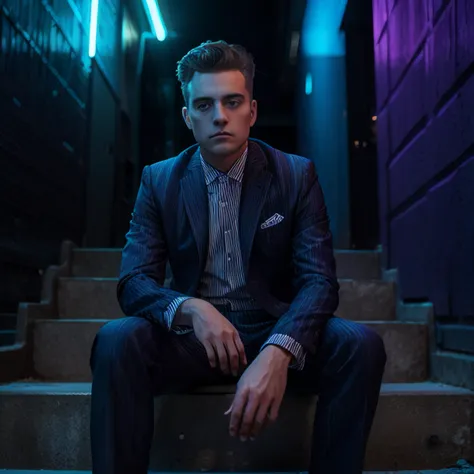 DSLR photo, man wearing a striped suit, sitting on a concrete staircase in an alley, blue neon lighting, (eyes:1.2), <lora:NeonNoir-000002:0.65>, NeonNoir, (backlit:1.1), hard shadow, masterpiece, best quality, Intricate, High Detail, 8k, modelshoot style, film grain, <lora:theovercomer8sContrastFix_sd15:0.3>