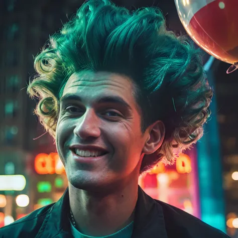 DSLR photo, young man with a giant green wig, wearing a clownsuit, (crazy smile:1.05), (red balloon:1.3), (eyes:1.1), standing on a street in the rain, in front of a building with neon signs, <lora:NeonNoir-000002:0.65>, (red and blue neon lighting:1.20), (backlit:1.3), (volumetric lighting:1.3), NeonNoir, hard shadow, masterpiece, best quality, Intricate, High Detail, 8k, modelshoot style, film grain, <lora:theovercomer8sContrastFix_sd15:0.3>,