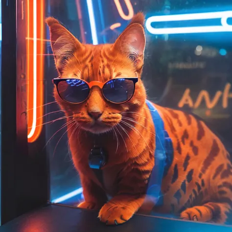DSLR photo, (orange cat:1.3), wearing sunglasses, in a phonebooth, seen through glass, <lora:NeonNoir-000002:0.65>, (red and blue neon lighting:1.2), dark makeup, NeonNoir, hard shadow, masterpiece, best quality, Intricate, High Detail, 8k, modelshoot style, film grain, <lora:theovercomer8sContrastFix_sd15:0.3>