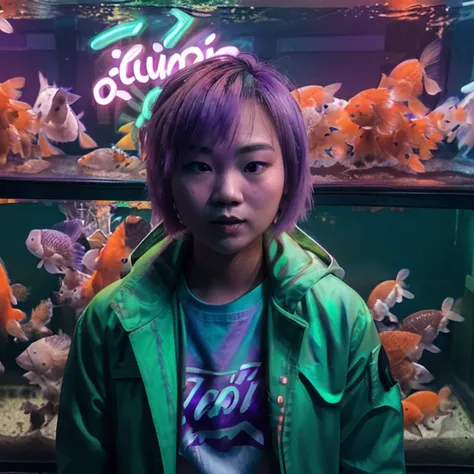 DSLR photo, asian woman with short blonde hair wearing a (green jacket:1.2, standing in front of an aquarium with goldfish,  purple neon sign, <lora:NeonNoir-000002:0.65>, (purple neon lighting:1.2), NeonNoir, hard shadow, masterpiece, best quality, Intricate, High Detail, 8k, modelshoot style, film grain, <lora:theovercomer8sContrastFix_sd15:0.3>