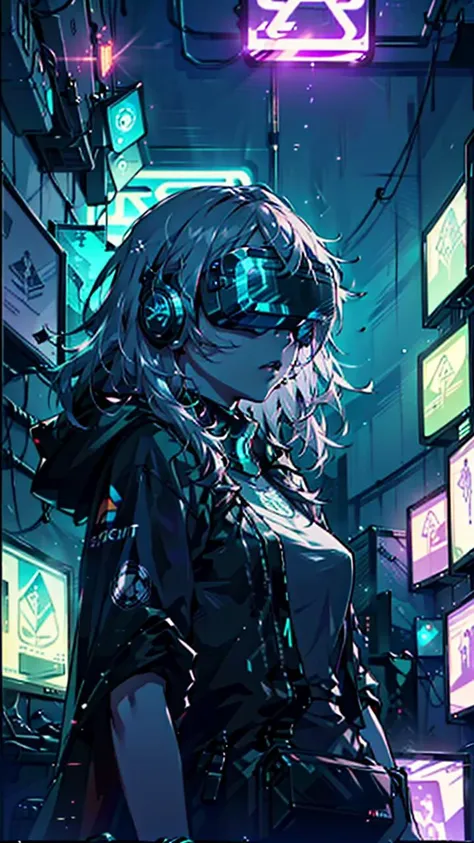 ((Best quality)), ((masterpiece)), (highly detailed:1.3), 3D,NeonNoir, beautiful cyberpunk woman,(wearing head-mounted display that is chunky and hi-tech:1.2),wearing a cape,hacking a computer terminal,PURPLE NEON LIGHT FROM MONITOR, GREEN NEON SIGNS ON THE WALL,<lora:head-mounted display3:0.8><lora:NijiExpressV2:0.6> <lora:NeonNoir:0.6>