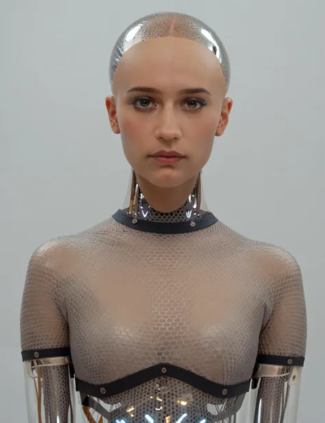 <lora:Ava_Ex_Machina_Pony_XL:0.8> ava, portrait, android, transparent skin parts, looking at the viewer, waist, gray bodysuit, bald, score_9, score_8_up, score_7_up, score_6_up, score_5_up, score_4_up