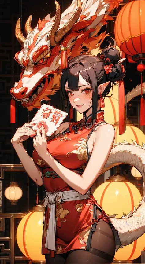 1girl, dragon girl, (horns), (tail), young, skinny, black hair, double bun, red eyes, mascara, freckles, freckles on body, pinup, chinese dress, pantyhose, chinese lantern, chinese new year, nighttime, chinese temple background,  blush, smirk, oriental dragon, holding red envelope, festival, party, <lora:dragon girl_20240110103648:0.8>