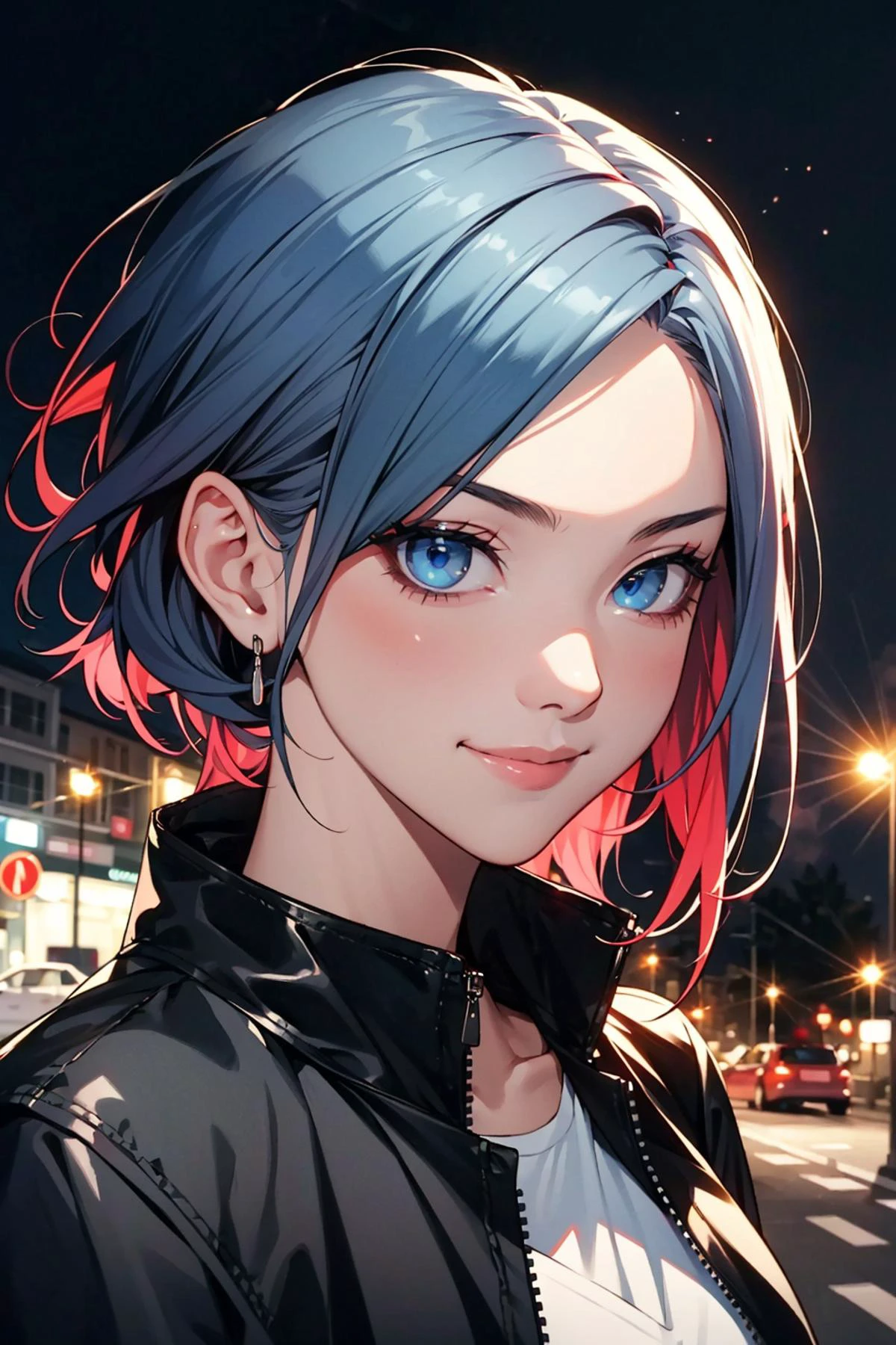 (masterpiece, best quality), 1girl, portrait, multicolored hair, blue eyes, smile, from the top, punk, steam, street, night