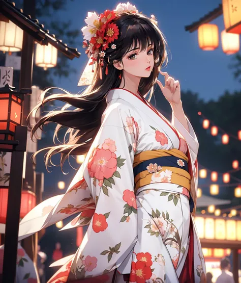 masterpiece,best quality,beautiful,detailed face,perfect lighting,
,
1girl,(solo:1.5),cute,Mature,beautiful woman,long black hair,messy bangs,
surprised,
<lora:akemiTakada1980sStyle_1:0.6>,night,
festival,floral_print,food_stand,(hair_ornament:0.7),kimono,lantern,long_hair,long_sleeves,obi,summer_festival,Half body photo,