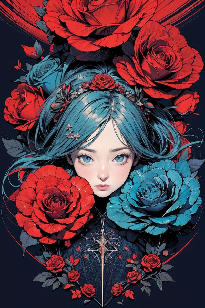 (abstract art:1.2), fractal art, psychedelic art, (style of Yuko Shimizu:1.1), red theme, dark theme, 1girl, roses, hair ornament, somber expression, dark blue accent, masterpiece, best quality, ultra high res, award-winning art, highly detailed, beautiful, aesthetic,
<lora:more_details:0.8:lbw=1,1,1,1,1,0,0,0,1,1,1,1,1,1,1,0,0>,
<lora:hairdetailer:0.7:lbw=1,0,0,0,0,0,0,0,0.2,0.6,0.8,0.2,0,0,0,0,0> ,
<lora:yujunivelora:0.7:lbw=1,0,0,0,0,0,0,0,1,1,1,0,0,0,0,0,0>,