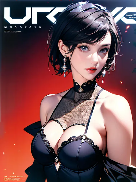 Girl, perfect face, brown hair, short hair, blue eyes, huge breasts, makeup, Red Lipstick