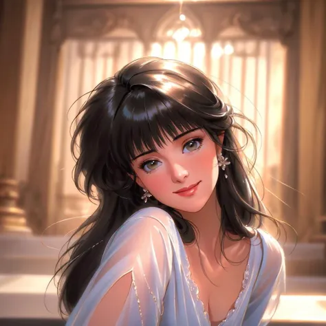,
masterpiece,best quality,beautiful,detailed face,perfect lighting,ultra detailed,an extremely delicate and beautiful,
global illumination,dynamic pose,dynamic angle,, retro artstyle, , beautiful, masterpiece, best quality, detailed face, perfect lighting,
( 1girl:1.2), solo,cute ,Mature ,beautiful woman , smile,(closed mouth:0.9) , long black hair, messy bangs, ,<lora:akemiTakada1980sStyle_1:0.7>