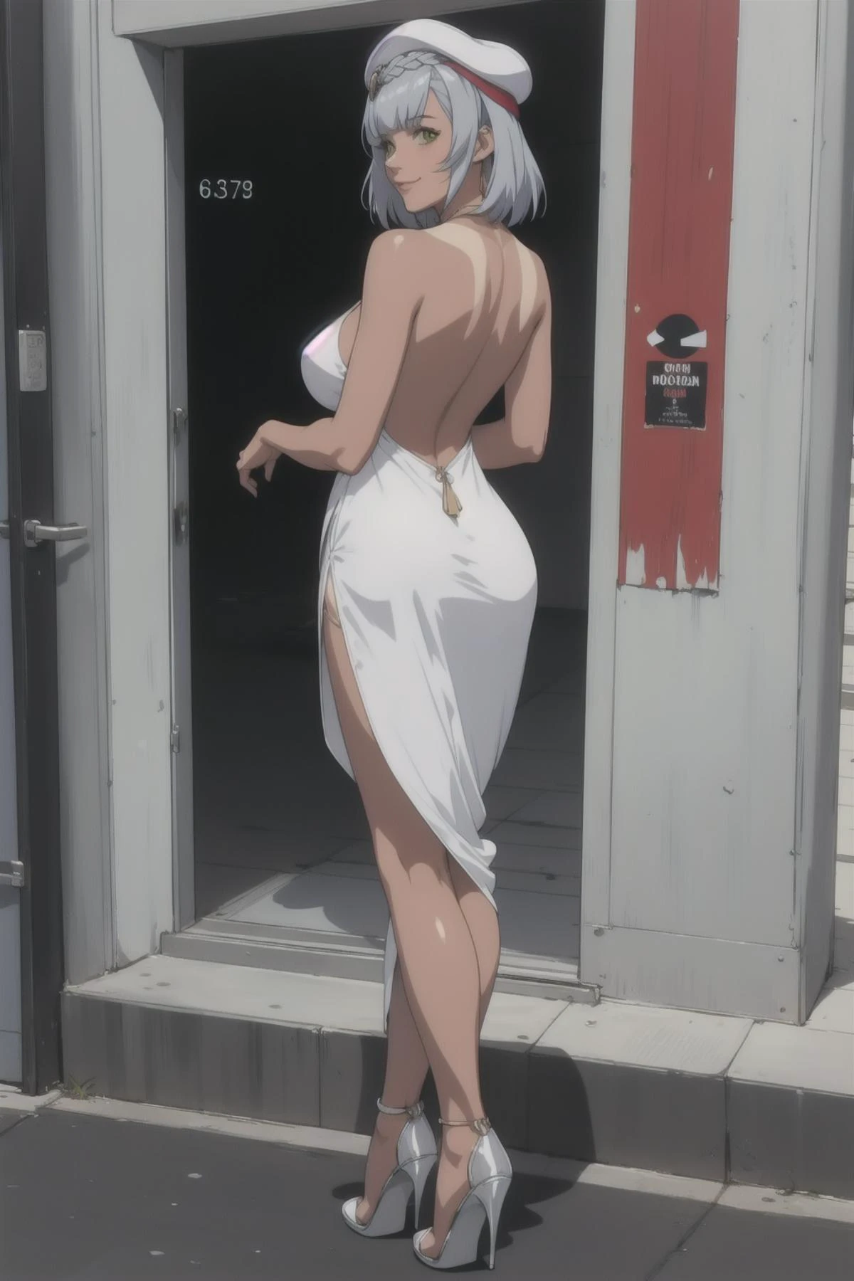 <lora:bb-style:0.25>, anime_still, intricate details, vibrant image, colorful, volumentric lighting, realistic, mature female, full body, Noelle, noellekfc, <lora:genshinfull1-000006:1>, (perfect ass:1.1), big smile, big breasts, (silver high heels:1.2), , (grainy cinematic photography:1.2) shot on Bessa R2A Cinestill drawing of a (tan skin:1.2) woman, backless clothes, solo, 1girl,