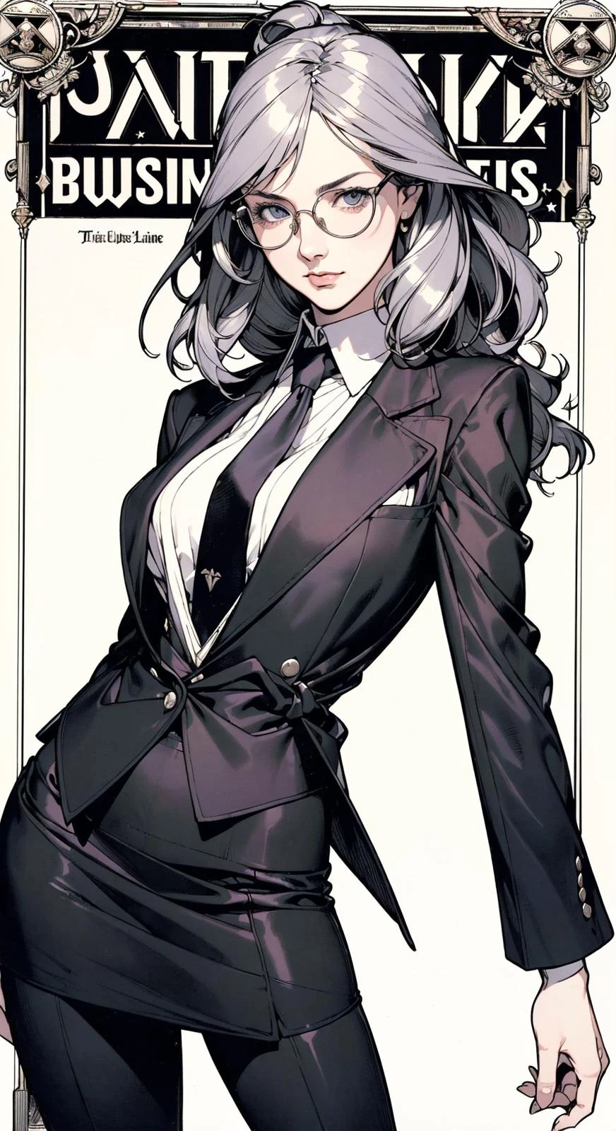 (Ultra detailed:1.3) ((((best quality))), (((ultra detailed))), (((masterpiece))), illustration,(Illustrated in a cover style, a fashionable woman wearing vibrant clothing, a fashionable woman wearing bright clothing), posing in front of a white background.She has a confident expression,The overall style is bold and eye-catching, emphasizing fashion and lifestyle,
shirt, blazer, (black business suit:1.3), necktie,pencil skirt, (straight hair:1.2),glasses,
(by Artist Arthur Rackham:1.05),(by Artist Brian Bolland:1.3),(by Artist Joao Ruas:1.2)