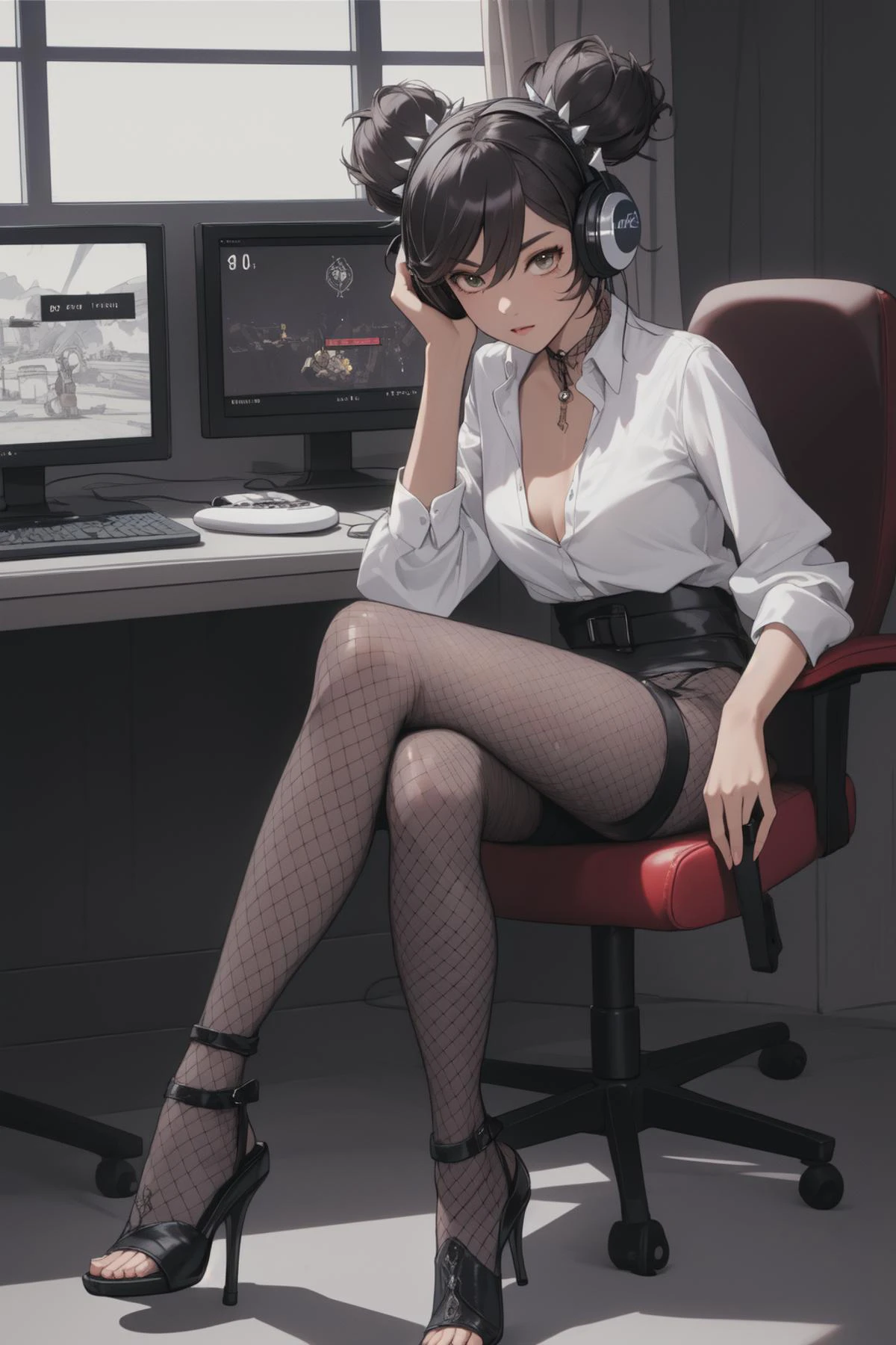 glamour photo of a seductive mature female, (medium shot at eye level, on a Fujifilm X-T4 with a 50mm lens, 8k, RAW photo, best quality, depth of field, ultra high res:1.2, cinematic lighting), (absurdres, intricate, photorealistic, masterpiece, ultra-detailed:1.3), (full body:1.1), xinyandef, <lora:genshinfull1:1>, (perfect legs:1.2), hyped expression, medium breasts, (tanned skin:1.1), (black short high heeled sandals:1.2), (fishnet pantyhose:1.1), , drawing of a woman, unbuttoned clothes, gaming immersed in a virtual world on a computer or console, might be wearing headphones, holding a controller, or typing on a keyboard, with a focused expression on her face and the glow of the screen reflecting in her eyes,