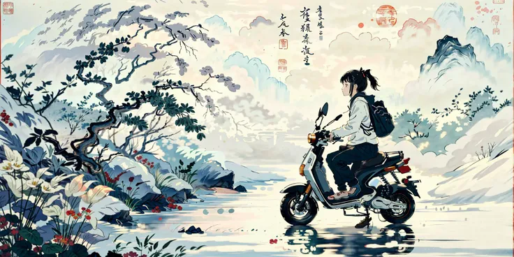 photo of a girl ,tangbohu style scooter<lora:tangbohu_v10:0.7>
