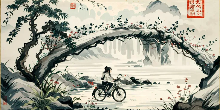 photo of a girl ,tangbohu style bike <lora:tangbohu_v10:0.7>