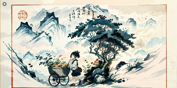 photo of a girl ,tangbohu style wheelbarrow<lora:tangbohu_v10:0.7>
