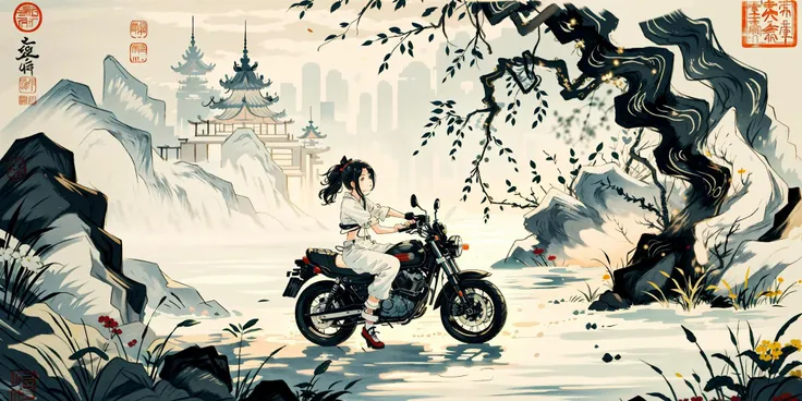 photo of a girl ,tangbohu style motorcycle <lora:tangbohu_v10:0.7>