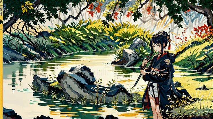 1girl, holding sword, tangbohu style, <lora:tangbohu:0.7>, <lora:GachaSplash4:0.5>, bamboo, samurai, short hair, river,