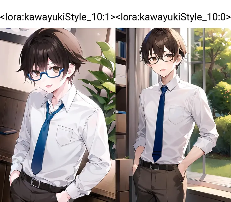 1boy, male focus, glasses, shirt, brown pants, necktie, hand in pocket, pants, solo, short hair, brown hair, white shirt, long sleeves, brown eyes, collared shirt, blue necktie, flower, indoors, smile, standing
<lora:kawayukiStyle_10:1>