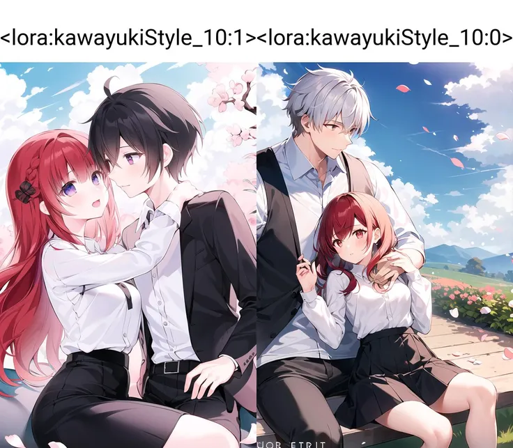 1girl, 1boy, shirt, white hair, long hair, white shirt, hetero, long sleeves, sky, cloud, outdoors, short hair, petals, black skirt, skirt, looking at another, couple, red hair, copyright name, bangs, cloudy sky
<lora:kawayukiStyle_10:1>