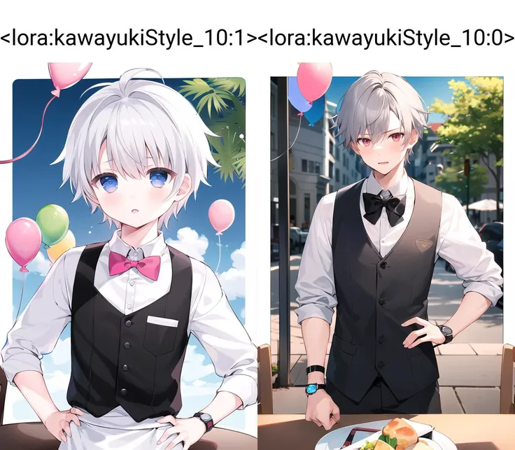 1boy, balloon, male focus, watch, bow, vest, bowtie, solo, shirt, wristwatch, outdoors, white shirt, black bow, table, grey hair, apron, black bowtie, food, chair, white hair, short hair, day, pink vest, hand on hip, waiter
<lora:kawayukiStyle_10:1>