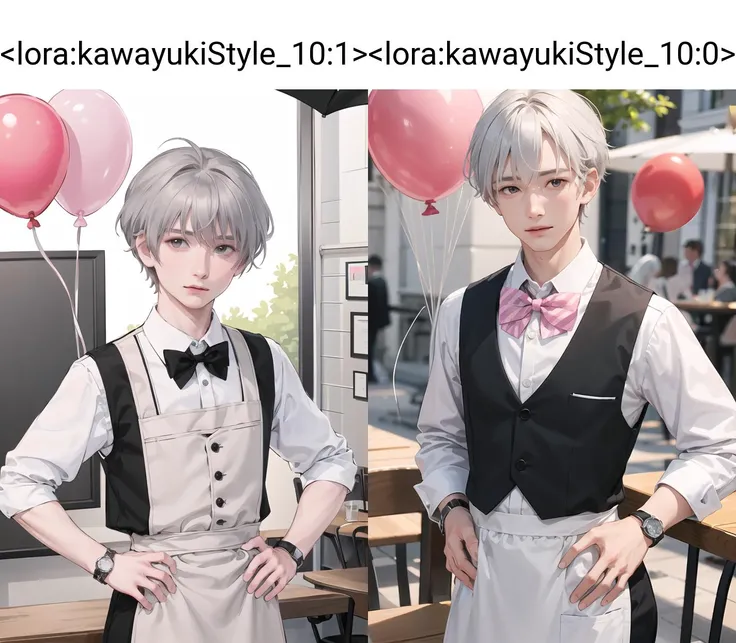 1boy, balloon, male focus, watch, bow, vest, bowtie, solo, shirt, wristwatch, outdoors, white shirt, black bow, table, grey hair, apron, black bowtie, food, chair, white hair, short hair, day, pink vest, hand on hip, waiter
<lora:kawayukiStyle_10:1>