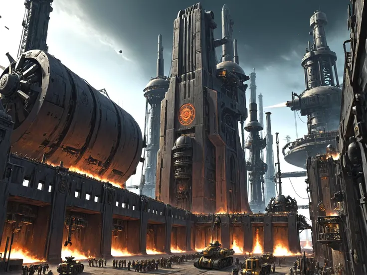 warhammer 40K, forge world city, Forge Worlds stand as bastions of industrial might, their landscapes dominated by colossal foundries and advanced facilities. Towering structures belch smoke and flame into the sky, amidst the constant hum of machinery. Symbols of the Machine God adorn buildings, a testament to the devotion of the Adeptus Mechanicus, while high-tech materials and sleek designs reflect their technological prowess. Void docks and launch bays sprawl across the terrain, where ships are built and repaired for the Imperium. Despite the hazardous environment, the Forge Worlds continue to churn out weapons and war machines, their dedication unwavering in service to the Emperor. Industrial, Futuristic, Metallic, Technological, Gothic, Utilitarian, Advanced, Mechanical, Stark, Gleaming, Gritty, Imposing, Symbolic, Monumental, Resilient, Grimy, Dilapidated, Crowded, Gritty, Dystopian, Gothic, Decaying, Vertical, Chaotic, Overcrowded, Urban, Squalid, Brutalistic, Oppressive, Dark, <lora:Wolvie_Concept_wh40k10m_v1.0:1> wh40k10m, symbolism, statue, Imperium of Man location, Adeptus Astartes, Adeptus Mechanicus, statue of Emperor-God of Man, (low quality, worst quality, bad quality, lowres:1.2), bad photo, bad art, oversaturated, watermark, username, signature, text, error, cropped, jpeg artifacts, autograph, trademark, (canvas frame, canvas border, out of frame:1.2),