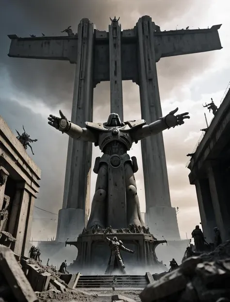 Photo-realistic high resolution photography of  <lora:Wolvie_Concept_wh40k10m_v1.0:1> wh40k10m, view from below a giant concrete statue with arms stretched out in front of a brutalistic megastructure in a dystopian hellscape, bokeh, LDSR, Depth of Field