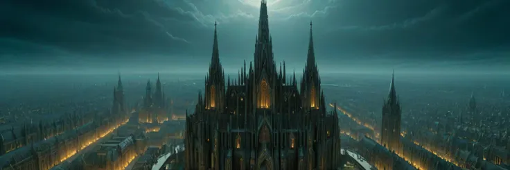 warhammer 40k, wh40k10m, gothic  shrine world, complex gothic architecture, gothic  cathedral, gothic temple, multiple layers of construction, layer after layer of architecture, spire towers, reaching the sky
(symbolism, iconism, statue, heraldry, Imperium of Man location, The Aquila, two-headed eagle), Brutalistic, Dystopian,  grim, dark, thunder storm,
(view from orbit, gigantic,panorma, large scale:2)
<lora:Wolvie_Concept_wh40k10m_v1.0:0.8>