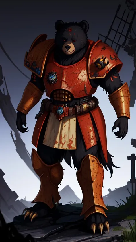 (masterpiece, best quality:1.15), no humans, looking at viewer, furry, (solo, bear boy:1.1), bear, black fur, fangs, claws, 1boy furry male, standing, full body, one eye closed, glowing eyes, serious, dust, electricity, sophisticated, science fiction, robe, (armor:1.2), (warhammer 40k:1.05), warhammer fantasy, (space marine:1.05), outdoors