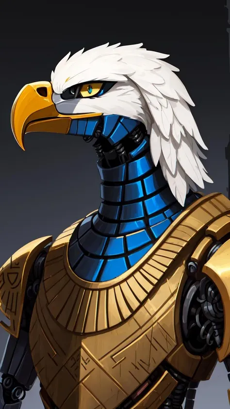 (masterpiece, best quality:1.15), no humans, looking to the side, furry, (solo, eagle boy:1.1), eagle, feathers, bird, beak, 1boy, tail furry male, close-up, (portrait, upper body:1.02), half-closed eyes, glowing eyes, serious, skull mask, embers, glowing, vibrant, (science fiction:1.1), tabard, (full armor, mechanical arms, robot joints, robot, mecha, armor:1.2), (egyptian, egyptian clothes:1.1), pharaoh, gold and blue, outdoors